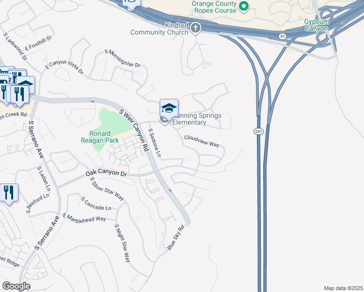 map of restaurants, bars, coffee shops, grocery stores, and more near 8706 Running Springs Drive in Anaheim