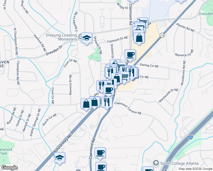map of restaurants, bars, coffee shops, grocery stores, and more near 2770 Drew Valley Road Northeast in Atlanta