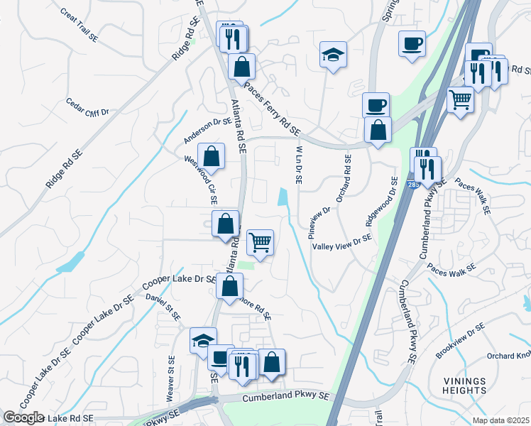 map of restaurants, bars, coffee shops, grocery stores, and more near 2455 Tyne Terrace Southeast in Smyrna