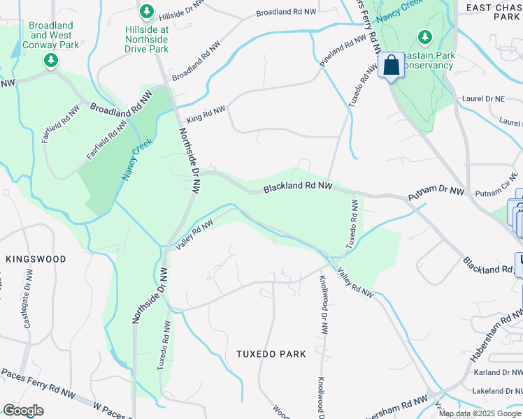 map of restaurants, bars, coffee shops, grocery stores, and more near 345 Valley Road Northwest in Atlanta