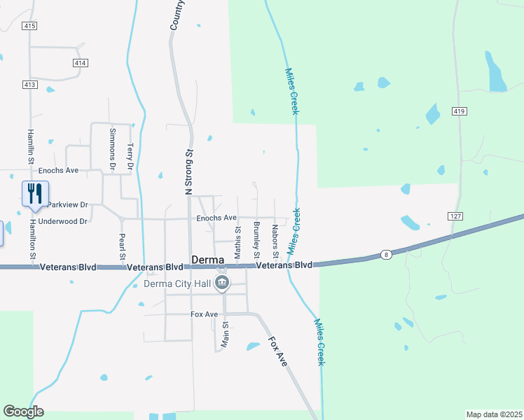 map of restaurants, bars, coffee shops, grocery stores, and more near 304 Brumley Street in Derma
