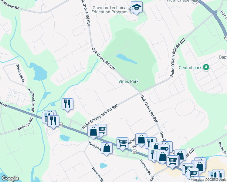 map of restaurants, bars, coffee shops, grocery stores, and more near 157 Garden Manor Court in Loganville