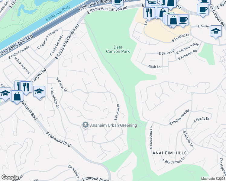 map of restaurants, bars, coffee shops, grocery stores, and more near 352 South Mohler Drive in Anaheim