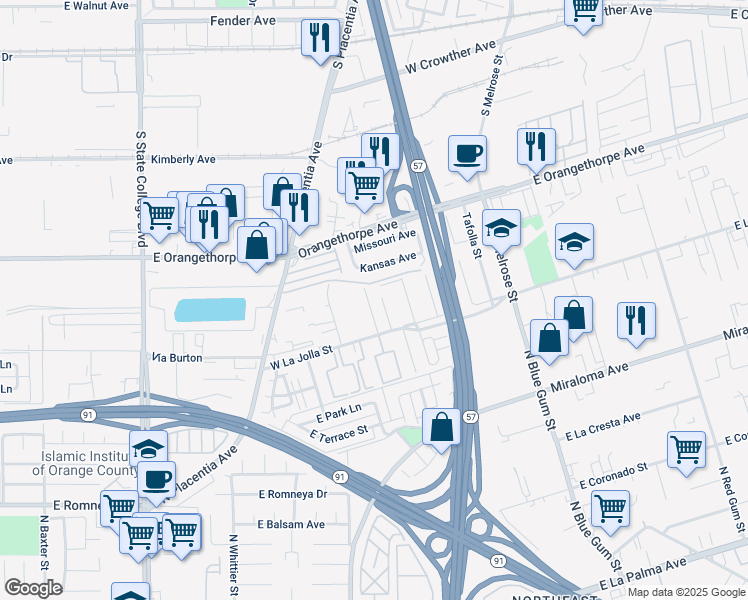 map of restaurants, bars, coffee shops, grocery stores, and more near 935 Cypress Avenue in Placentia
