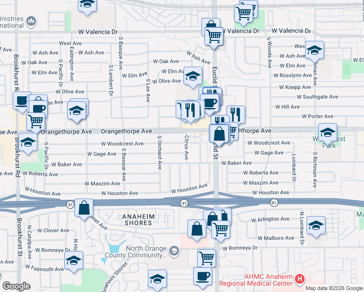 map of restaurants, bars, coffee shops, grocery stores, and more near 1131 West Gage Avenue in Fullerton