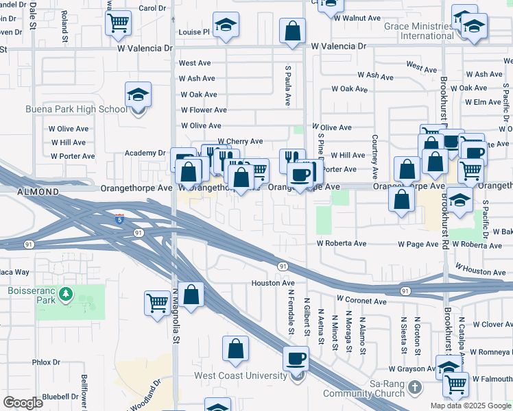 map of restaurants, bars, coffee shops, grocery stores, and more near 1324 South Peckham Street in Fullerton