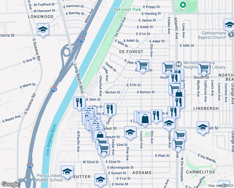 map of restaurants, bars, coffee shops, grocery stores, and more near 5624 Dairy Avenue in Long Beach