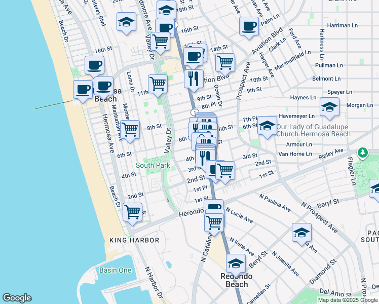 map of restaurants, bars, coffee shops, grocery stores, and more near 707 4th Street in Hermosa Beach