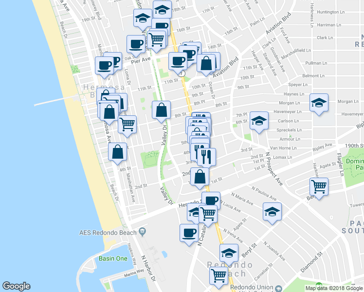 map of restaurants, bars, coffee shops, grocery stores, and more near 707 4th Street in Hermosa Beach