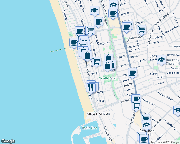 map of restaurants, bars, coffee shops, grocery stores, and more near 601 Manhattan Avenue in Hermosa Beach