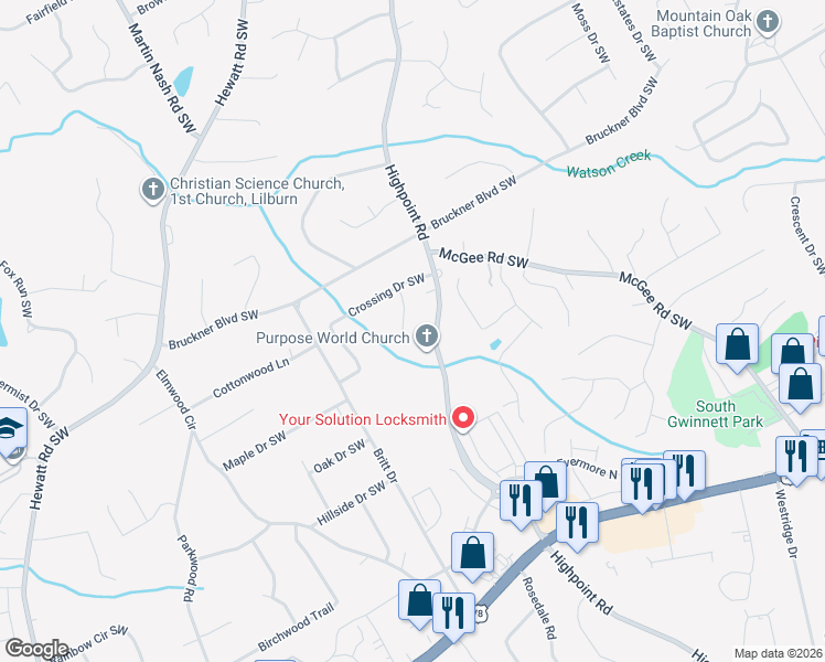 map of restaurants, bars, coffee shops, grocery stores, and more near 1895 Crossing Court Southwest in Snellville