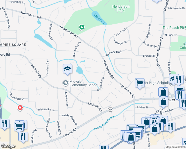 map of restaurants, bars, coffee shops, grocery stores, and more near 3873 Cardinal Drive in Tucker