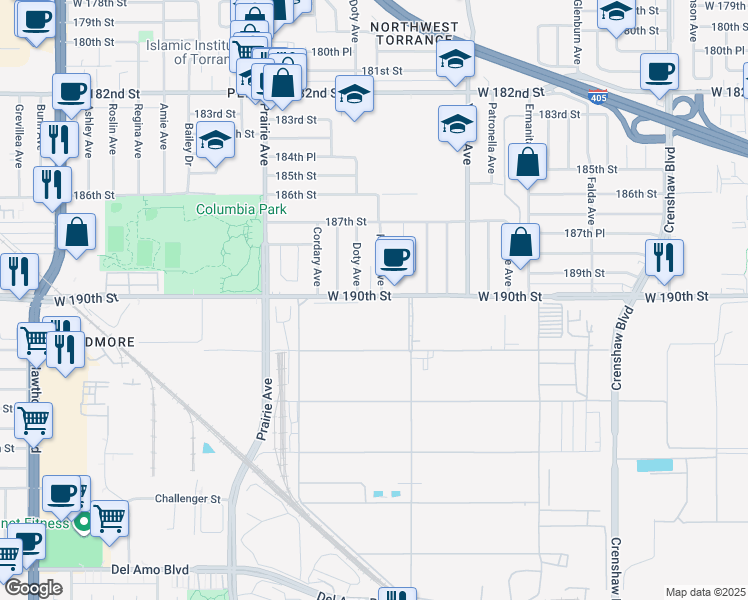 map of restaurants, bars, coffee shops, grocery stores, and more near 336 West 190th Street in Torrance