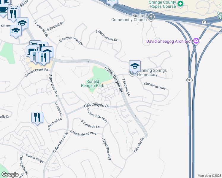 map of restaurants, bars, coffee shops, grocery stores, and more near 8401 East Durango Way in Anaheim