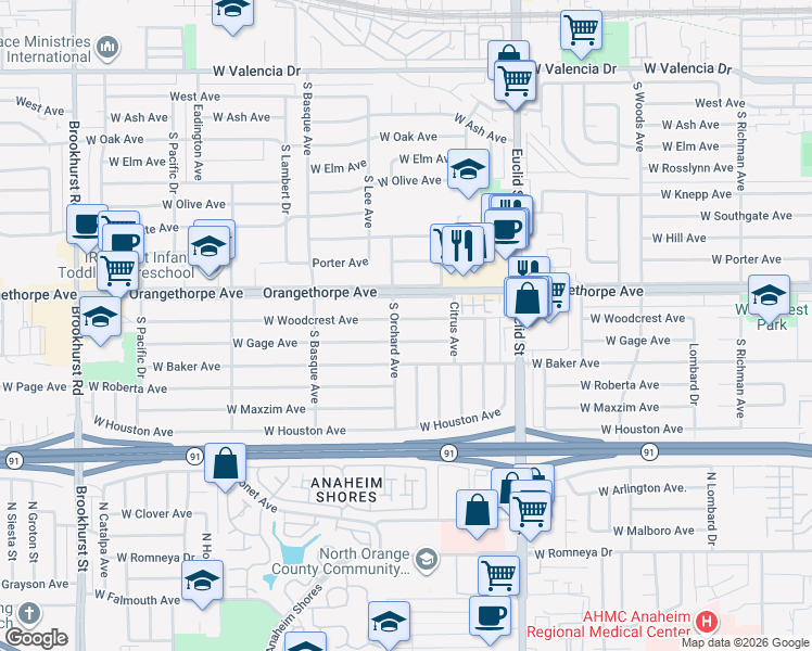 map of restaurants, bars, coffee shops, grocery stores, and more near 1212 West Woodcrest Avenue in Fullerton
