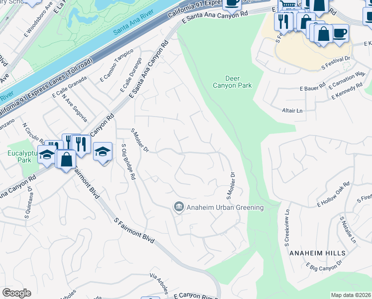 map of restaurants, bars, coffee shops, grocery stores, and more near 300 South Timken Road in Anaheim