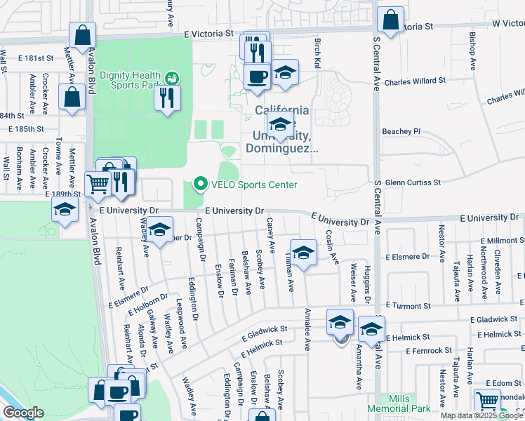map of restaurants, bars, coffee shops, grocery stores, and more near 1434 Vigilant in Carson