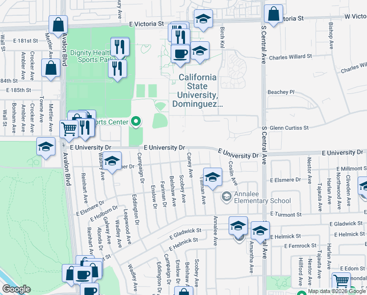 map of restaurants, bars, coffee shops, grocery stores, and more near Vigilant in Carson