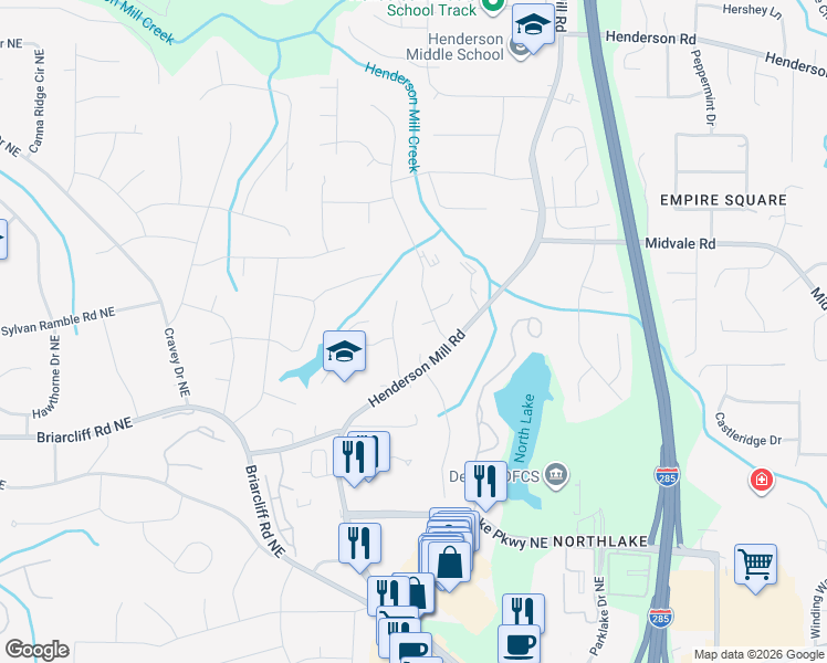 map of restaurants, bars, coffee shops, grocery stores, and more near 3226 Leslie Lane Northeast in Atlanta