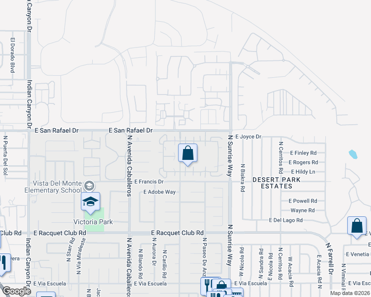 map of restaurants, bars, coffee shops, grocery stores, and more near 1343 Sunflower Circle North in Palm Springs