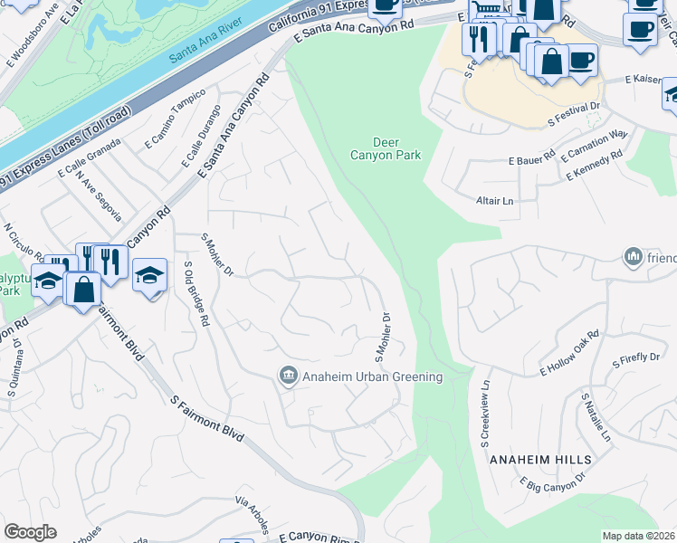 map of restaurants, bars, coffee shops, grocery stores, and more near 291 South Owens Drive in Anaheim