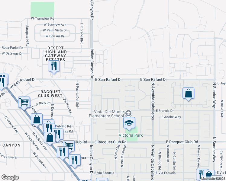 map of restaurants, bars, coffee shops, grocery stores, and more near 492 East Simms Road in Palm Springs