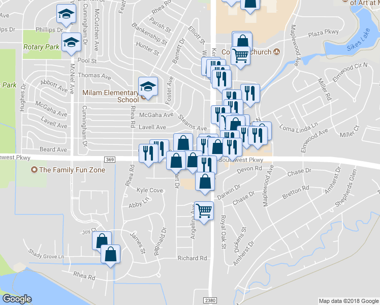 map of restaurants, bars, coffee shops, grocery stores, and more near 2907 Cunningham Drive in Wichita Falls