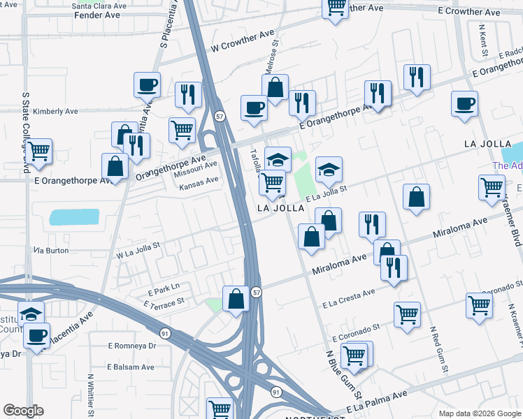 map of restaurants, bars, coffee shops, grocery stores, and more near 325 West La Jolla Street in Placentia