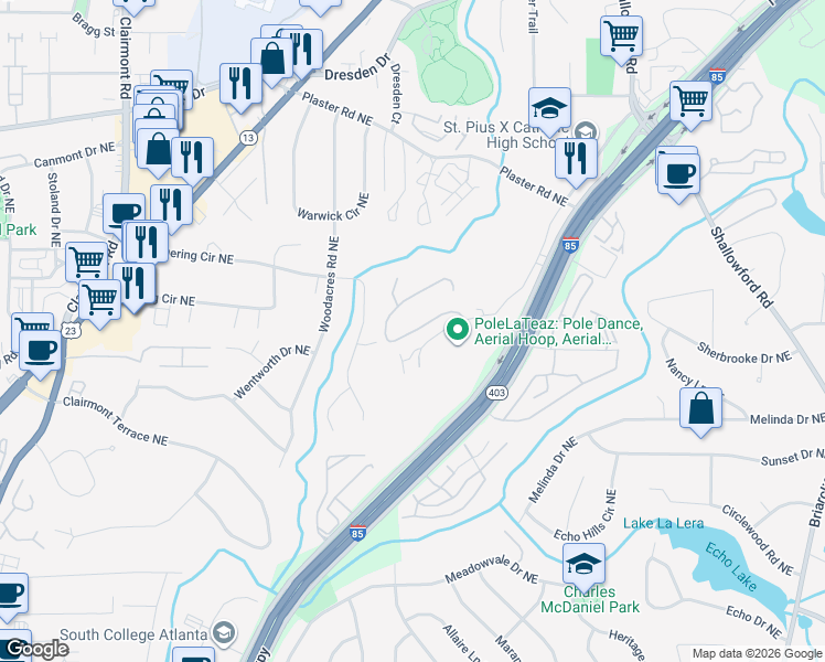map of restaurants, bars, coffee shops, grocery stores, and more near 2511 Independence Court Northeast in Atlanta