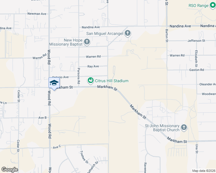 map of restaurants, bars, coffee shops, grocery stores, and more near Markham Street & Cole Avenue in Riverside