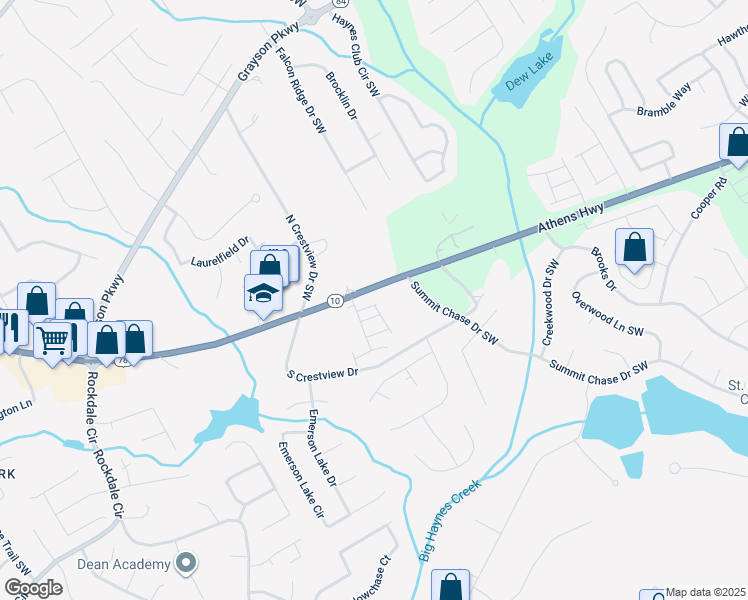 map of restaurants, bars, coffee shops, grocery stores, and more near 1809 Park Land Lane in Snellville