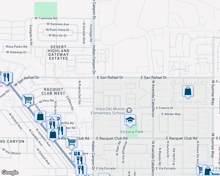 map of restaurants, bars, coffee shops, grocery stores, and more near 426 East Simms Road in Palm Springs