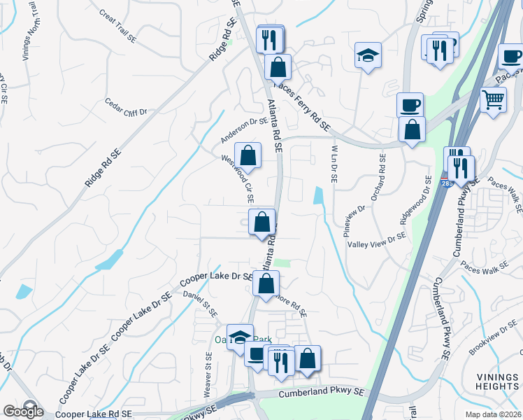 map of restaurants, bars, coffee shops, grocery stores, and more near 2601 Central Garden Court in Smyrna