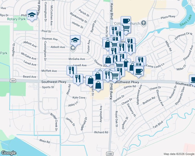 map of restaurants, bars, coffee shops, grocery stores, and more near 2907 Cunningham Drive in Wichita Falls