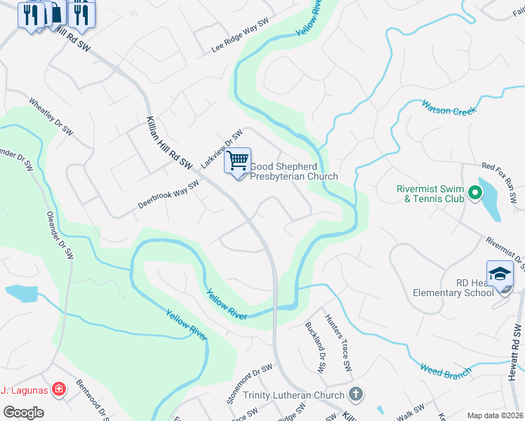 map of restaurants, bars, coffee shops, grocery stores, and more near 3944 Thornhill Drive Southwest in Lilburn