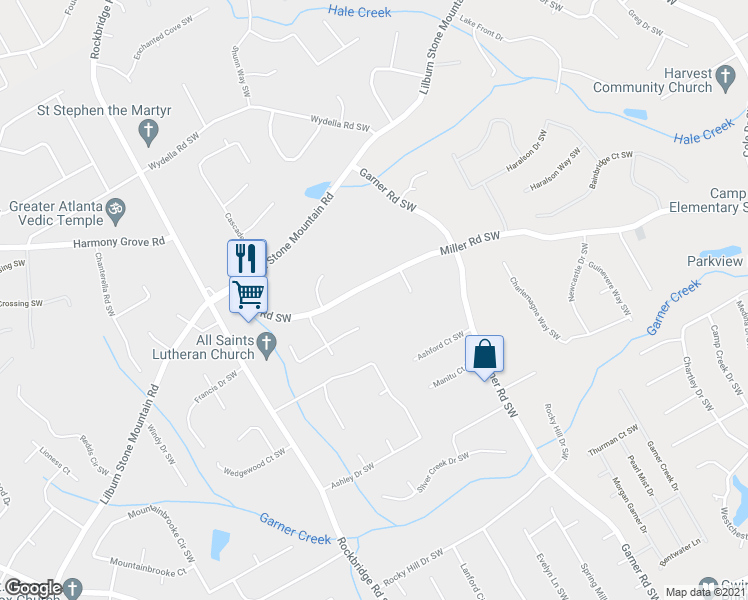map of restaurants, bars, coffee shops, grocery stores, and more near 5252 Miller Road Southwest in Lilburn