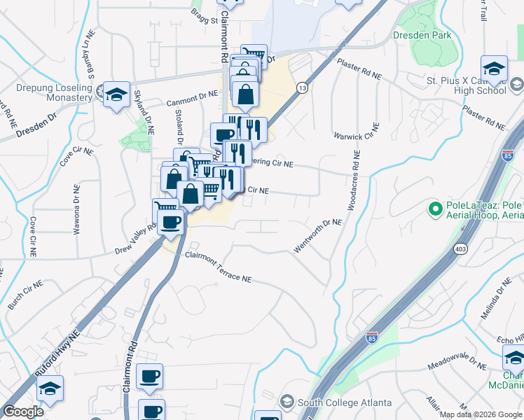 map of restaurants, bars, coffee shops, grocery stores, and more near 1980 Variations Drive Northeast in Atlanta