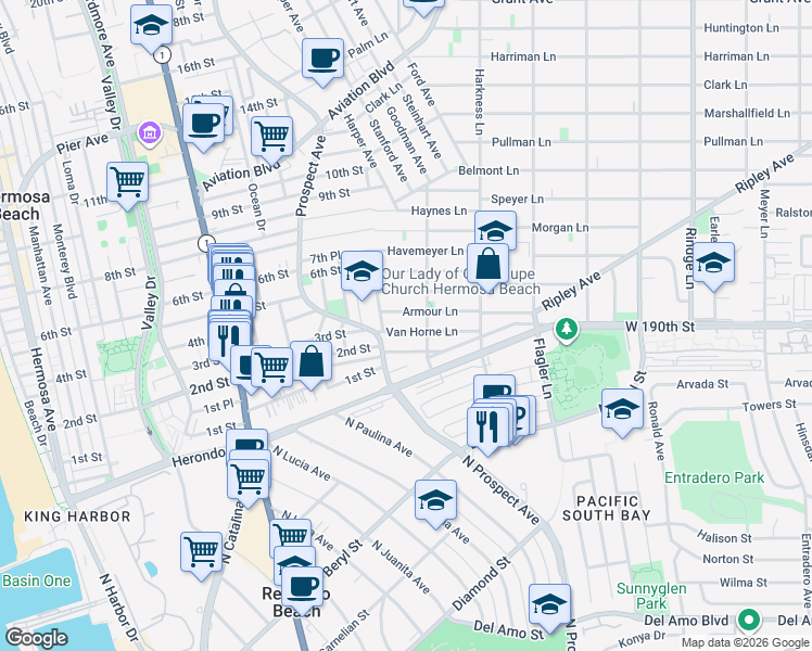 map of restaurants, bars, coffee shops, grocery stores, and more near 1621 Van Horne Lane in Redondo Beach