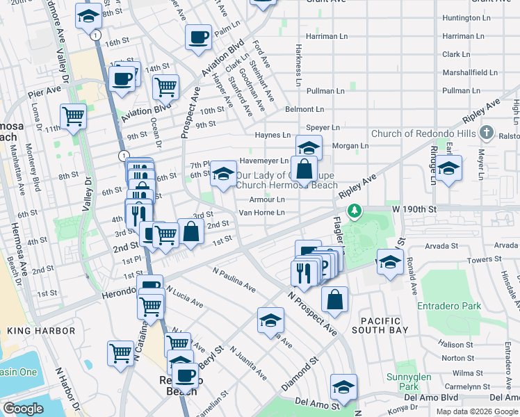 map of restaurants, bars, coffee shops, grocery stores, and more near 1704 Van Horne Lane in Redondo Beach