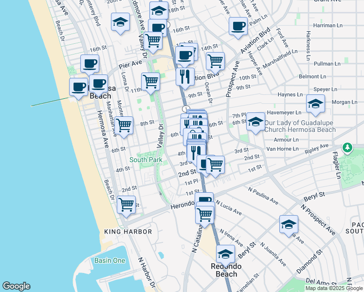 map of restaurants, bars, coffee shops, grocery stores, and more near 702 5th Street in Hermosa Beach