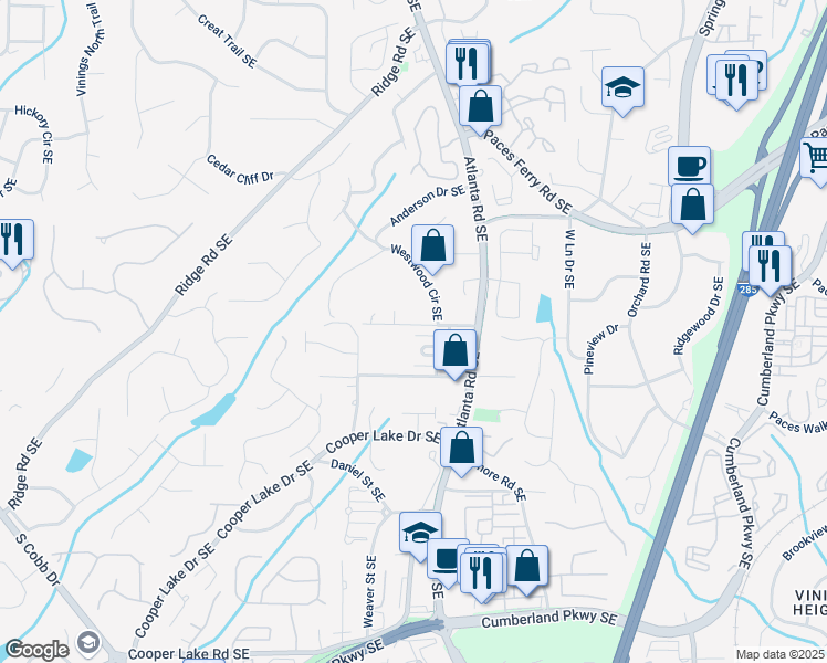 map of restaurants, bars, coffee shops, grocery stores, and more near 2058 Westwood Road Southeast in Smyrna