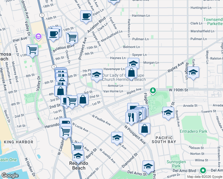 map of restaurants, bars, coffee shops, grocery stores, and more near 1704 Van Horne Lane in Redondo Beach