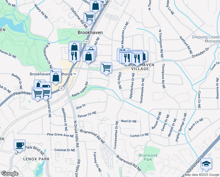 map of restaurants, bars, coffee shops, grocery stores, and more near 1339 Fernwood Circle Northeast in Atlanta
