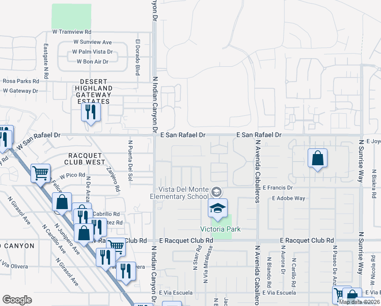 map of restaurants, bars, coffee shops, grocery stores, and more near 497 Simms Road in Palm Springs