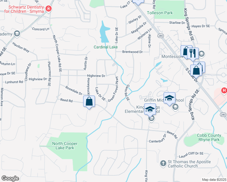 map of restaurants, bars, coffee shops, grocery stores, and more near 3920 Green Forest Parkway in Smyrna