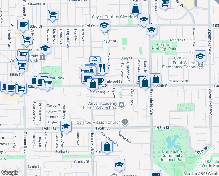 map of restaurants, bars, coffee shops, grocery stores, and more near 12321 Hibbing Street in Artesia