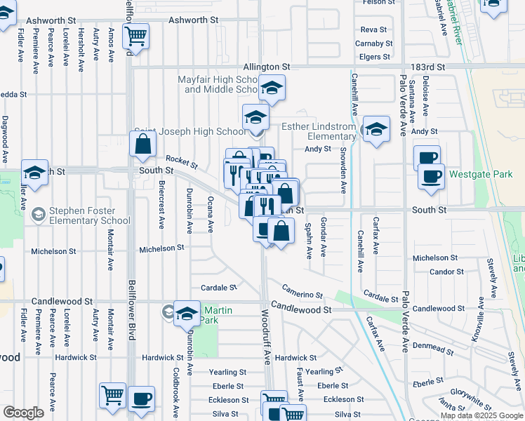 map of restaurants, bars, coffee shops, grocery stores, and more near Woodruff Avenue & South Street in Lakewood