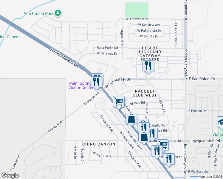 map of restaurants, bars, coffee shops, grocery stores, and more near 2875 North Los Felices Road in Palm Springs