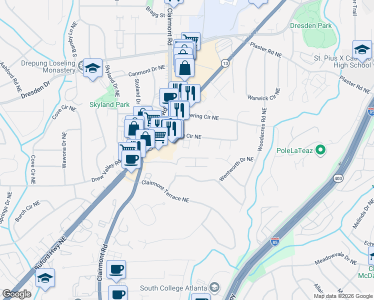 map of restaurants, bars, coffee shops, grocery stores, and more near 1980 Variations Drive Northeast in Atlanta