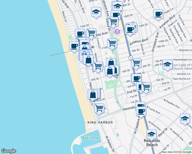 map of restaurants, bars, coffee shops, grocery stores, and more near 620 Manhattan Avenue in Hermosa Beach